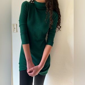 Emerald green ribbed turtleneck sweater dress